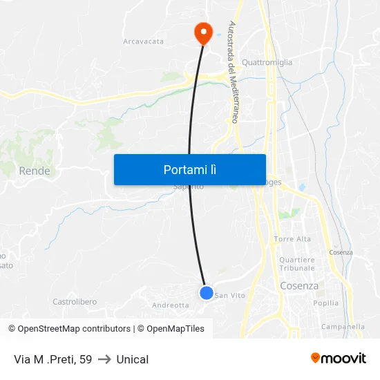 Via M .Preti, 59 to Unical map
