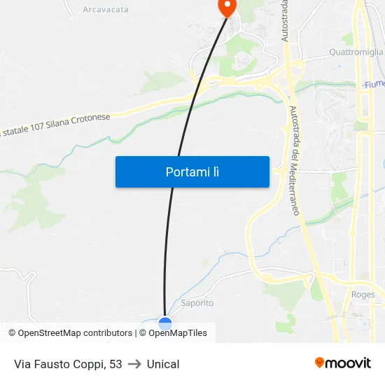 Via Fausto Coppi, 53 to Unical map