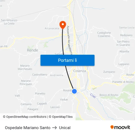 Ospedale Mariano Santo to Unical map