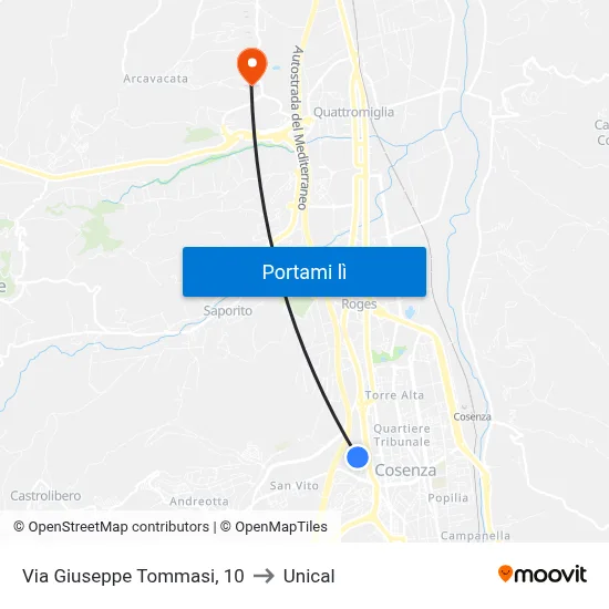 Via Giuseppe Tommasi, 10 to Unical map