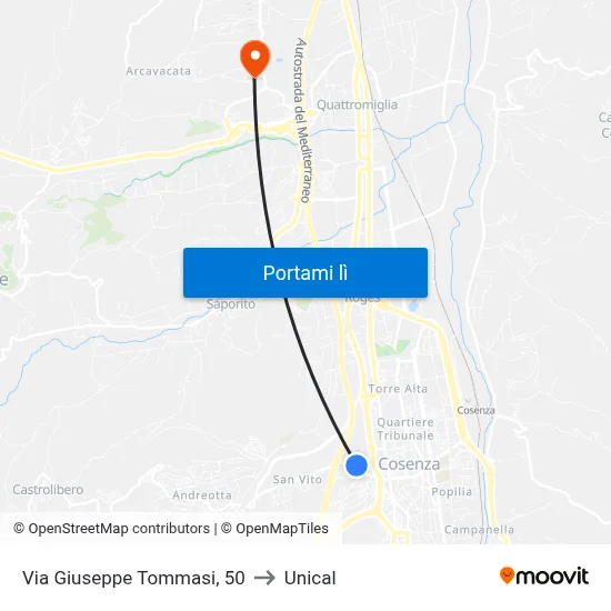 Via Giuseppe Tommasi, 50 to Unical map