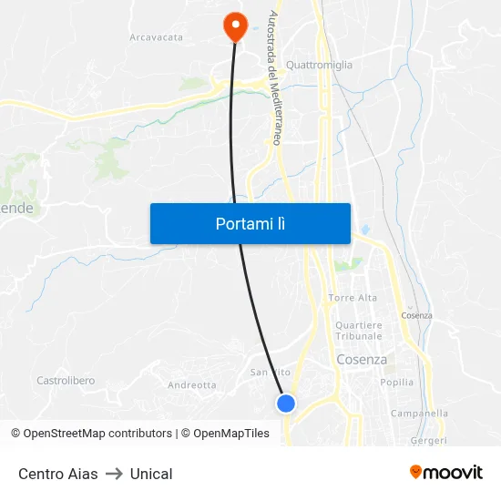 Centro Aias to Unical map