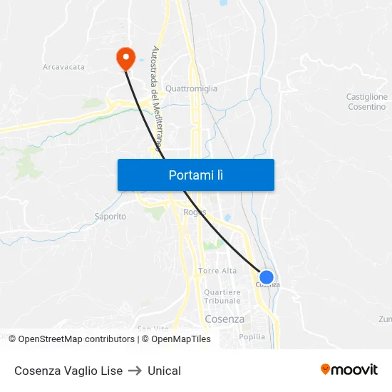 Cosenza Vaglio Lise to Unical map