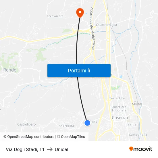 Via Degli Stadi, 11 to Unical map