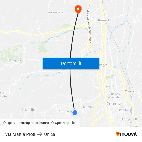 Via Mattia Preti to Unical map