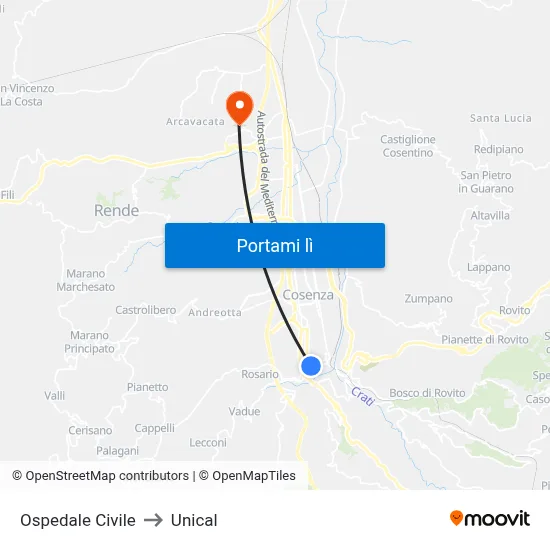 Ospedale Civile to Unical map