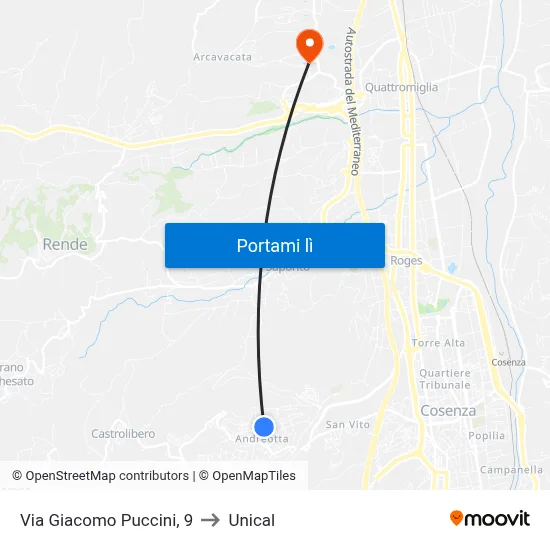 Via Giacomo Puccini, 9 to Unical map