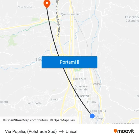 Via Popilia, (Polstrada Sud) to Unical map