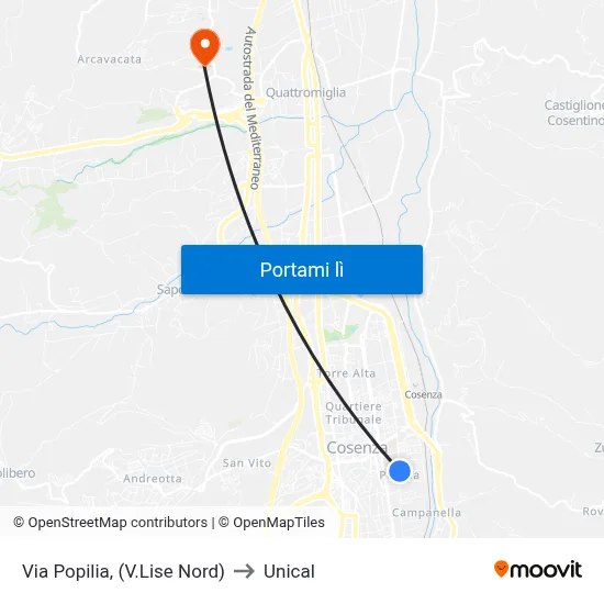 Via Popilia, (V.Lise Nord) to Unical map