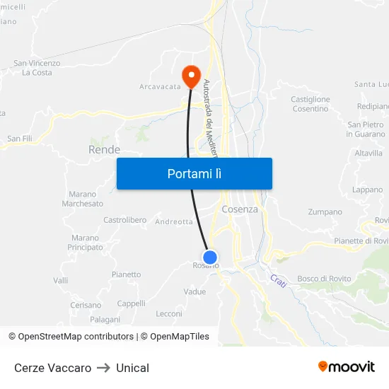 Cerze Vaccaro to Unical map
