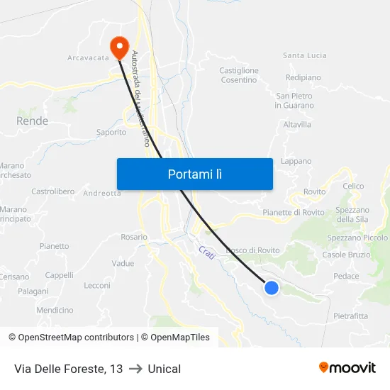 Via Delle Foreste, 13 to Unical map