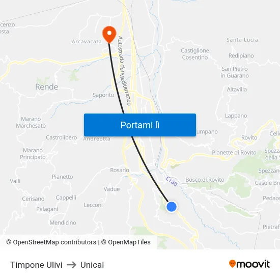 Timpone Ulivi to Unical map