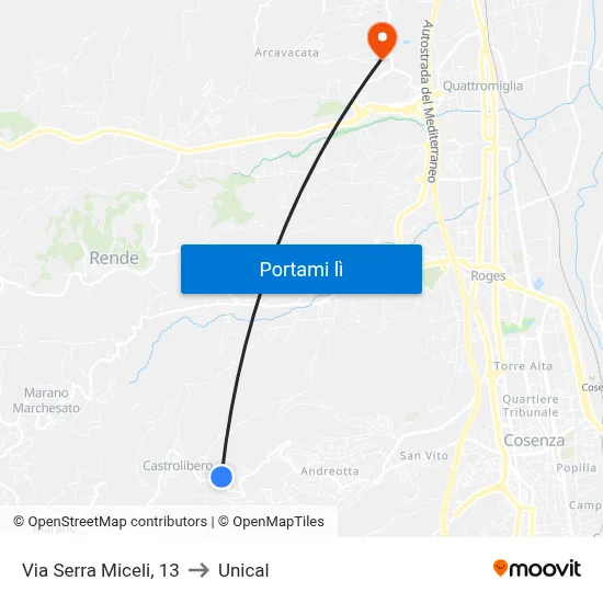 Via Serra Miceli, 13 to Unical map