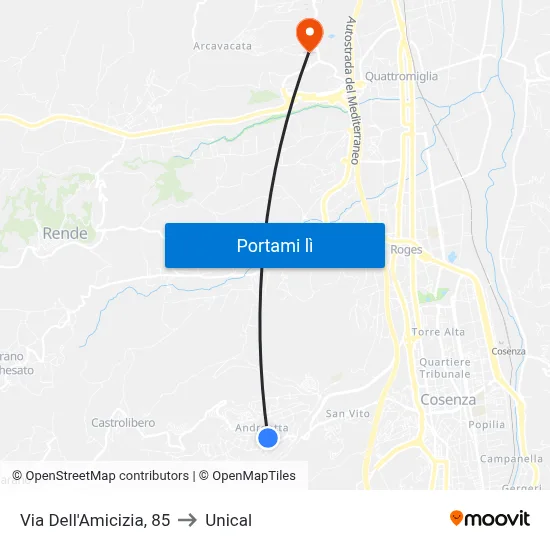 Via Dell'Amicizia, 85 to Unical map