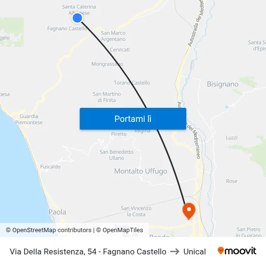 Via Della Resistenza, 54 - Fagnano Castello to Unical map