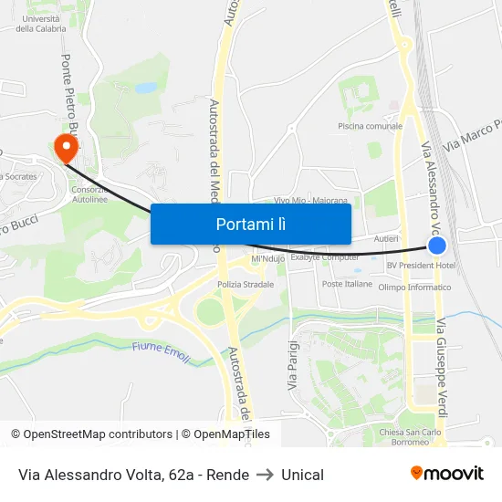 Via Alessandro Volta, 62a - Rende to Unical map