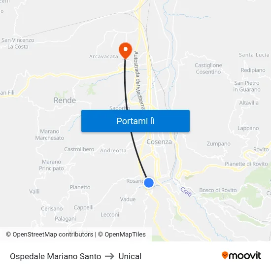 Ospedale Mariano Santo to Unical map
