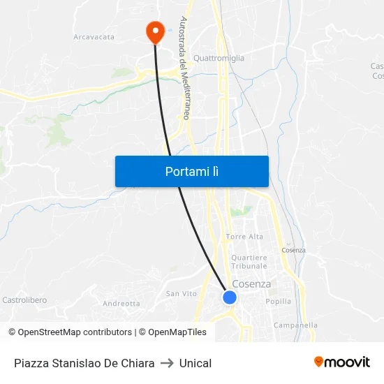 Piazza Stanislao De Chiara to Unical map