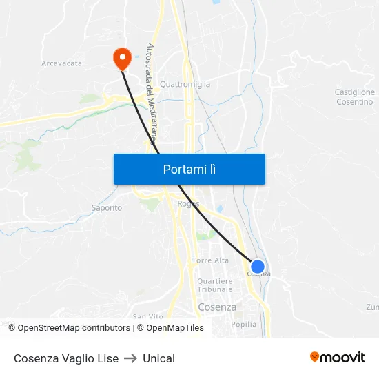 Cosenza Vaglio Lise to Unical map