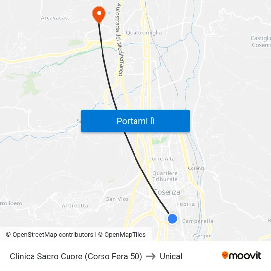 Clinica Sacro Cuore (Corso Fera 50) to Unical map