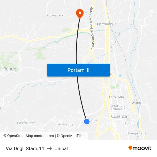 Via Degli Stadi, 11 to Unical map
