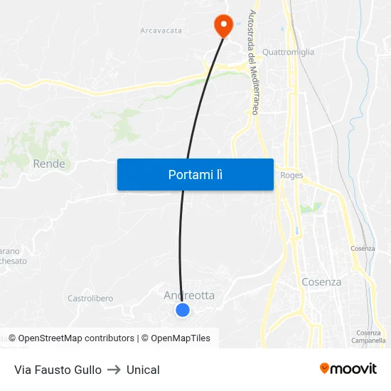 Via Fausto Gullo to Unical map