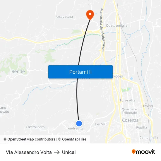 Via Alessandro Volta to Unical map