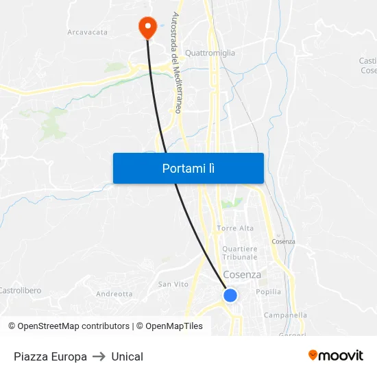 Piazza Europa to Unical map