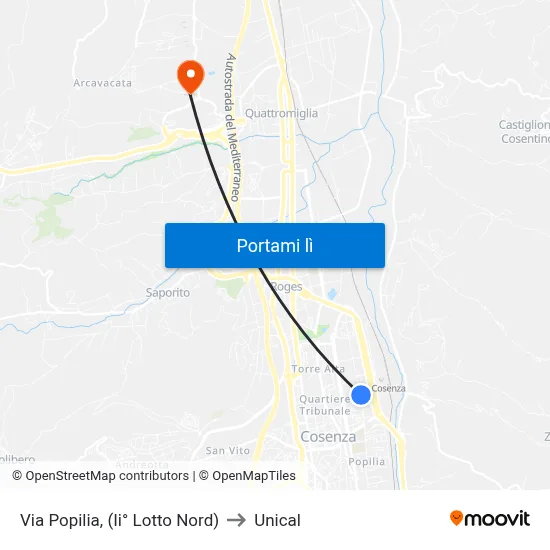 Via Popilia, (Ii° Lotto Nord) to Unical map