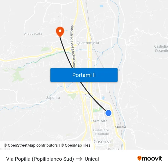 Via Popilia (Popilibianco Sud) to Unical map