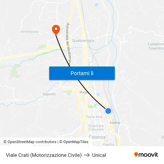 Viale Crati (Motorizzazione Civile) to Unical map