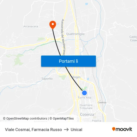 Viale Cosmai, Farmacia Russo to Unical map