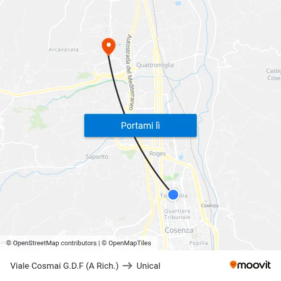 Viale Cosmai G.D.F (A Rich.) to Unical map