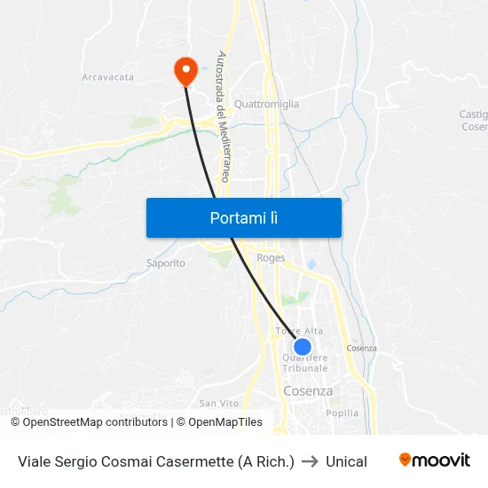 Viale Sergio Cosmai Casermette (A Rich.) to Unical map