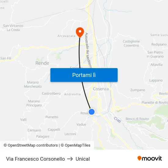 Via Francesco Corsonello to Unical map
