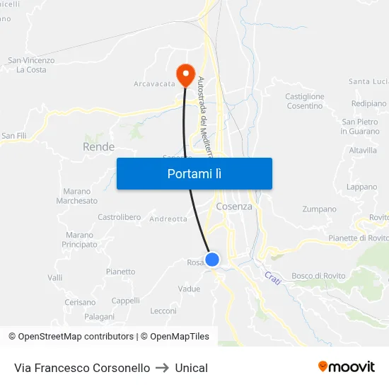 Via Francesco Corsonello to Unical map