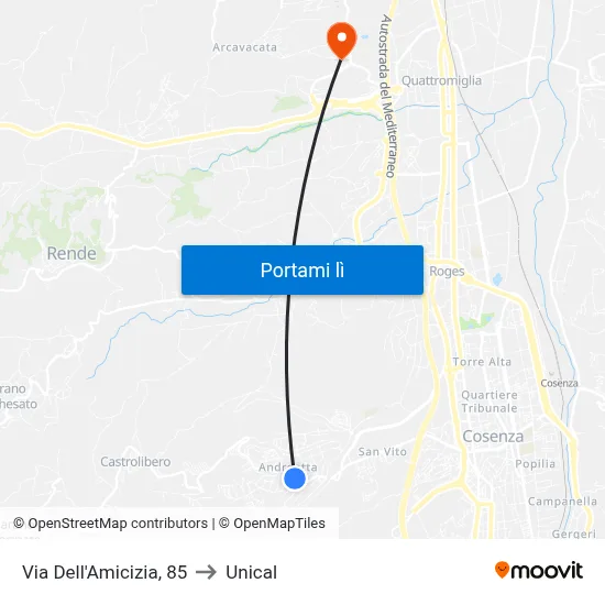 Via Dell'Amicizia, 85 to Unical map