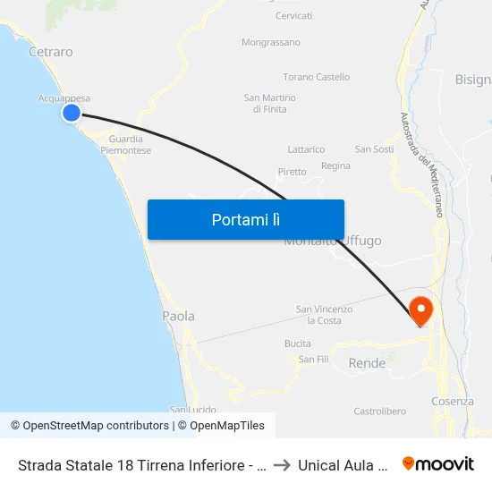 Strada Statale 18 Tirrena Inferiore - Acquappesa to Unical Aula Magna map