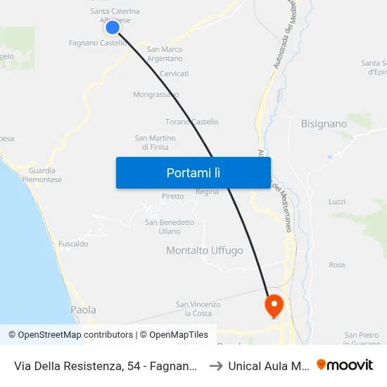 Via Della Resistenza, 54 - Fagnano Castello to Unical Aula Magna map
