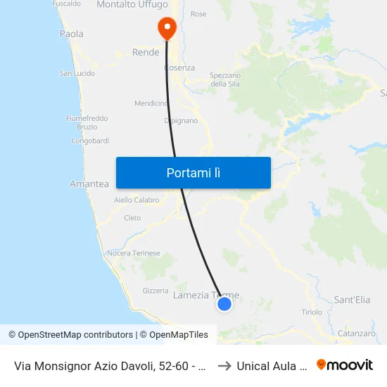 Via Monsignor Azio Davoli, 52-60 - Lamezia Terme to Unical Aula Magna map