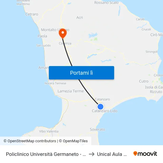 Policlinico Università Germaneto - Catanzaro to Unical Aula Magna map