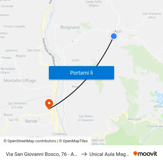 Via San Giovanni Bosco, 76 - Acri to Unical Aula Magna map
