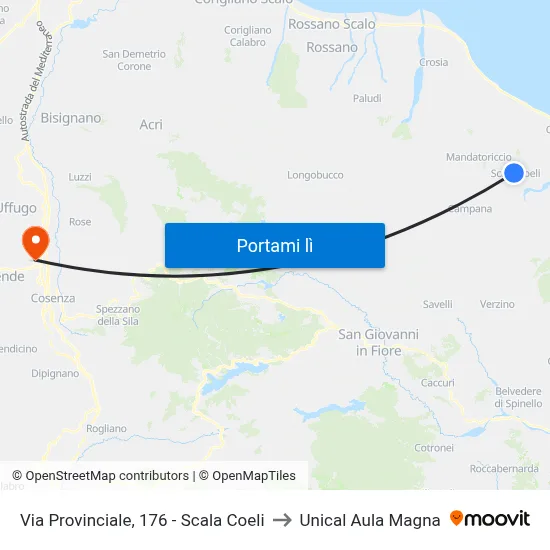 Via Provinciale, 176 - Scala Coeli to Unical Aula Magna map