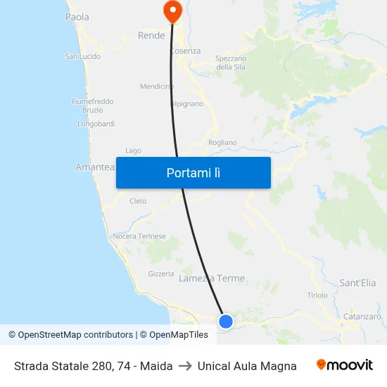 Strada Statale 280, 74 - Maida to Unical Aula Magna map