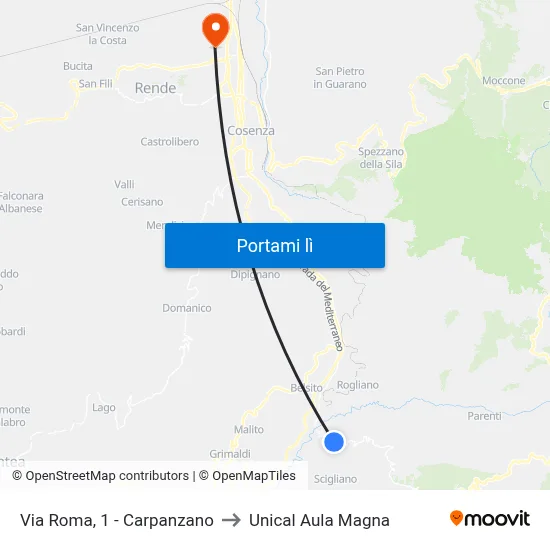 Via Roma, 1 - Carpanzano to Unical Aula Magna map