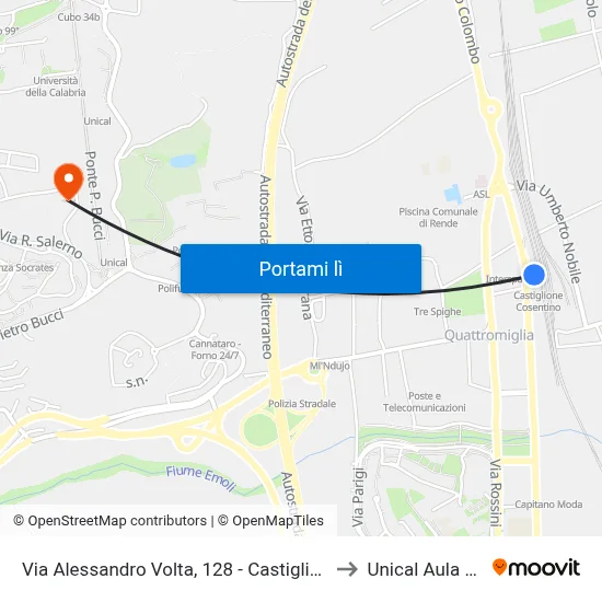 Via Alessandro Volta, 128 - Castiglione Cosentino to Unical Aula Magna map