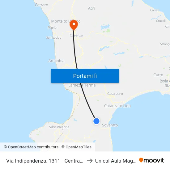 Via Indipendenza, 1311 - Centrache to Unical Aula Magna map