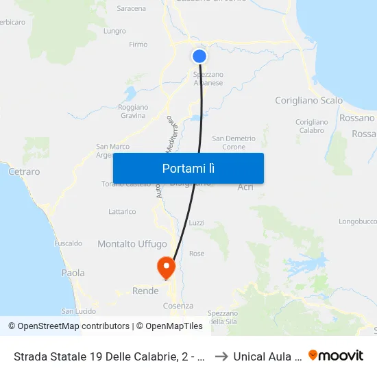 Strada Statale 19 Delle Calabrie, 2 - Cassano All'Ionio to Unical Aula Magna map