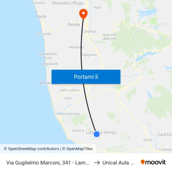 Via Guglielmo Marconi, 341 - Lamezia Terme to Unical Aula Magna map