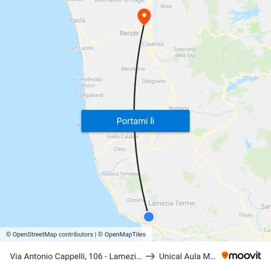 Via Antonio Cappelli, 106 - Lamezia Terme to Unical Aula Magna map